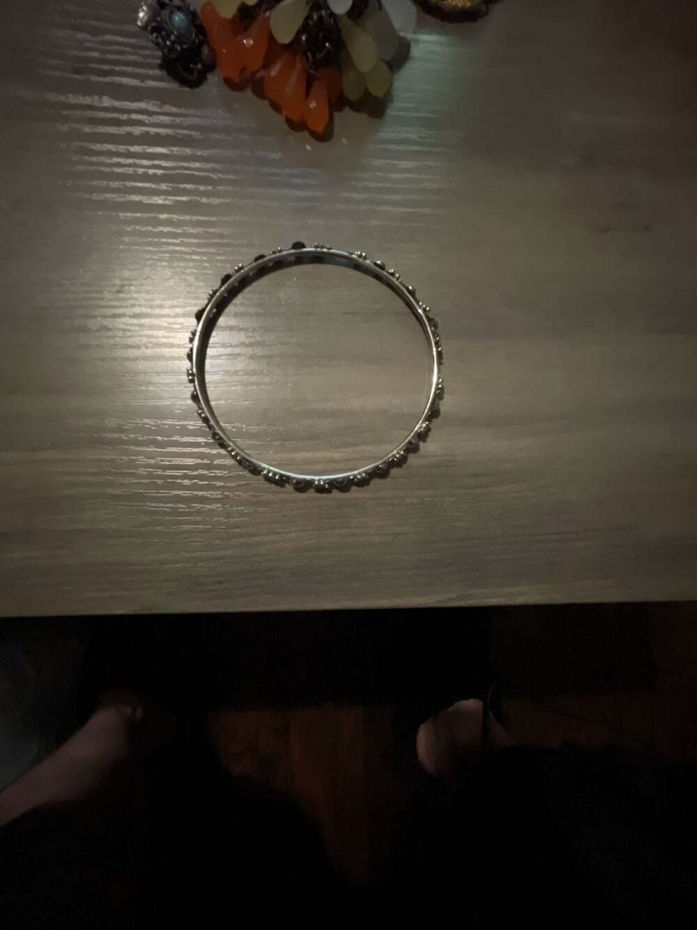 Silver Tone Bangle Bracelet With Beaded Flower Accents